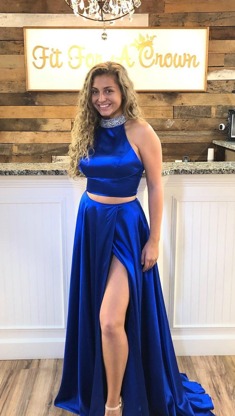 Slit Two Pieces Royal Blue Prom Dress ...